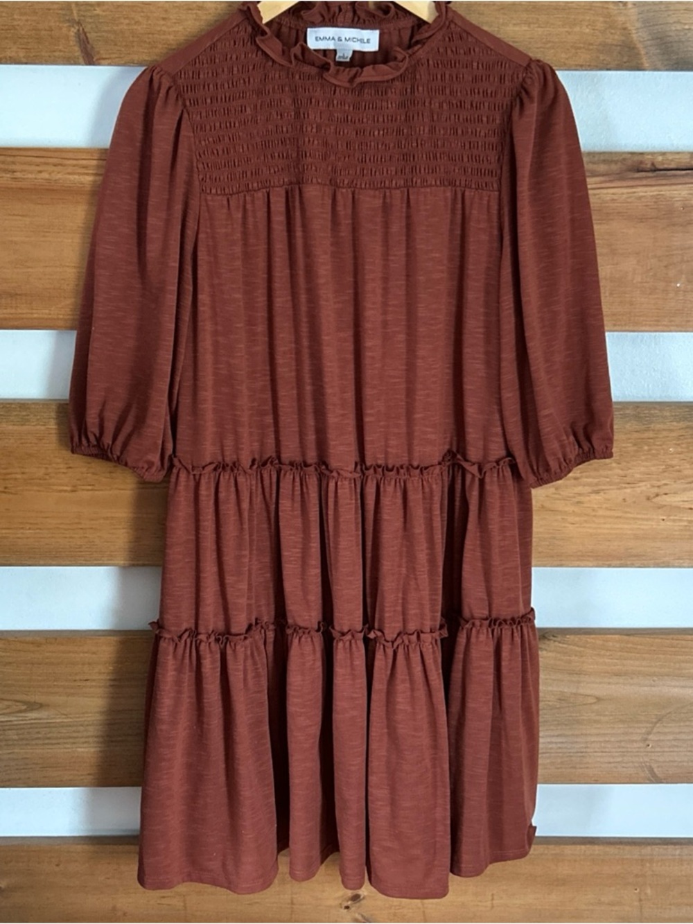 Emma & Michele Copper Brown 3/4 Ruffle Sleeve & Neckline Midi Dress Size Large